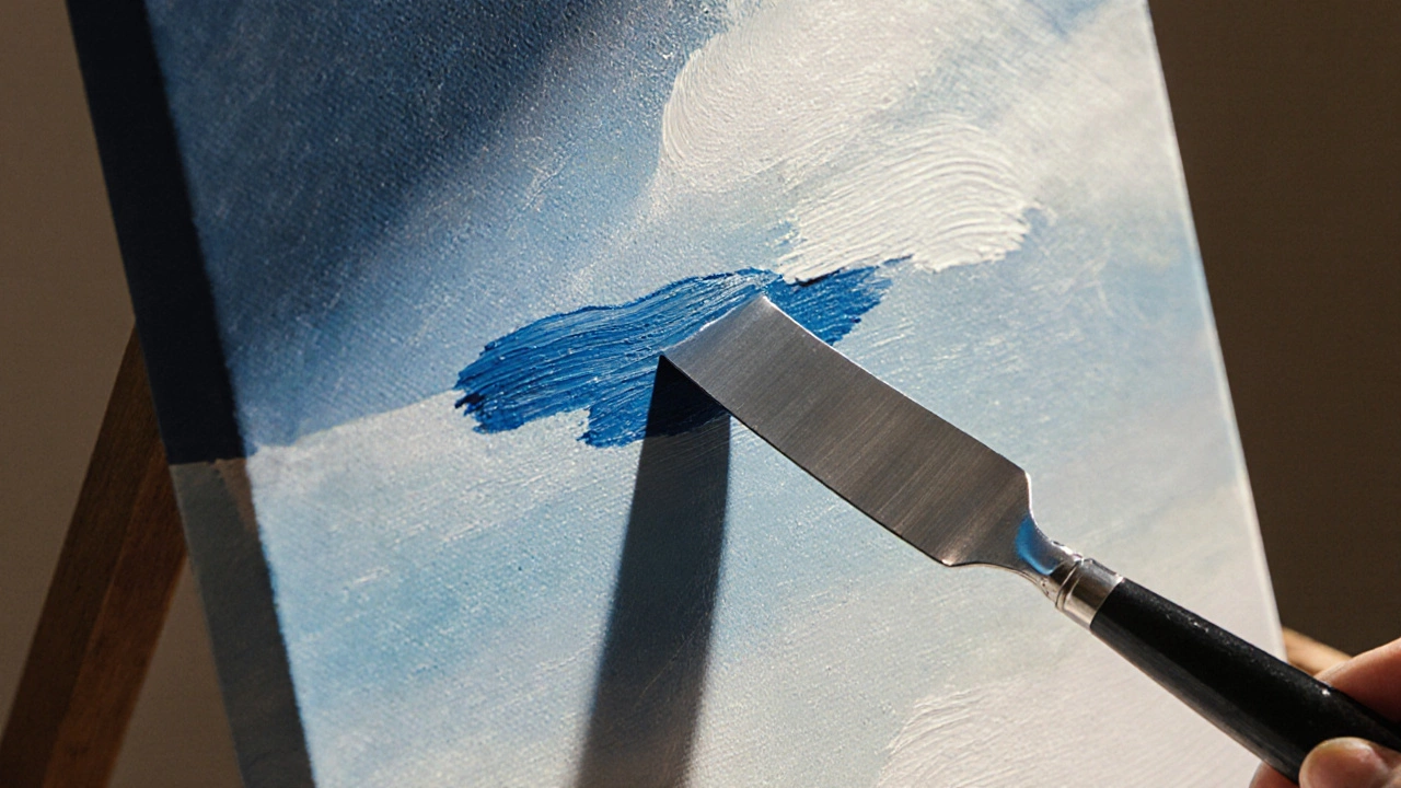 Metal palette knife smoothing oil paint on a sky landscape, eliminating brush marks for a glassy finish.