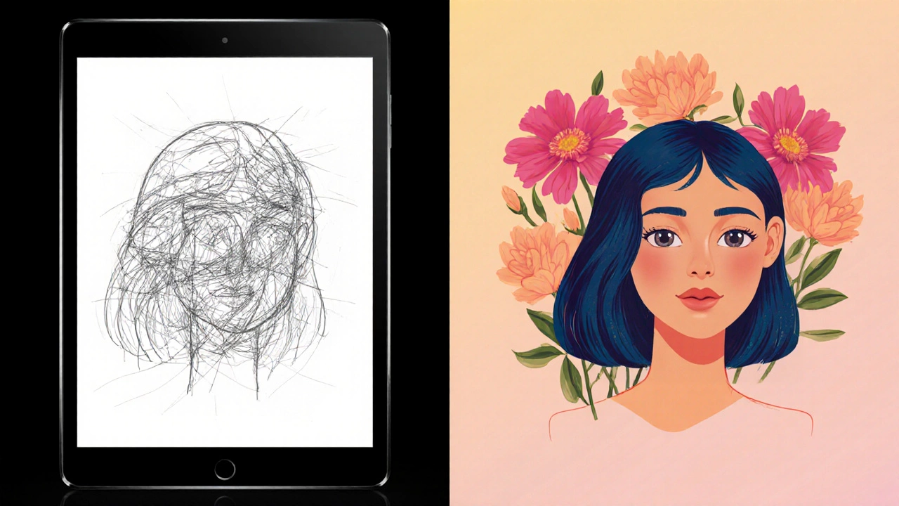 Side-by-side comparison of early messy sketches and a developed digital artwork.