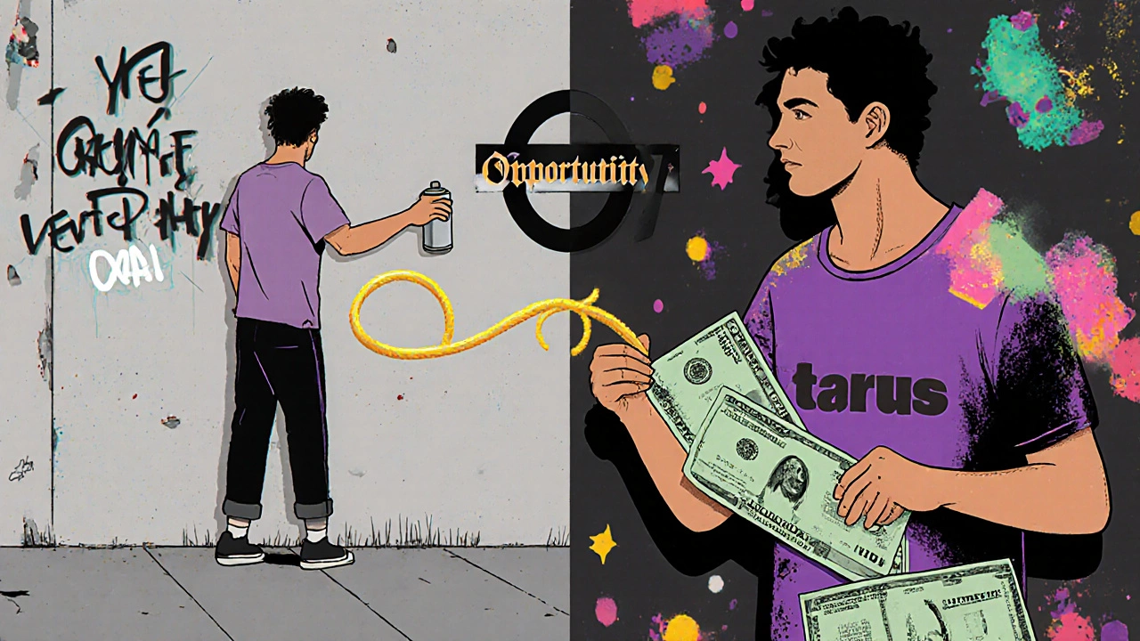 Split image showing unauthorized tagging versus paid street art with prints, merch, and mural success.