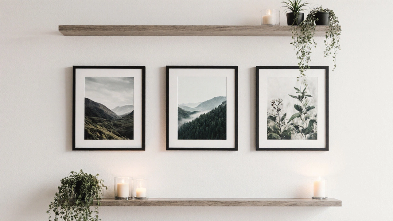 Three 8x10 inch art prints arranged in a grid on a white wall with plants and candles.