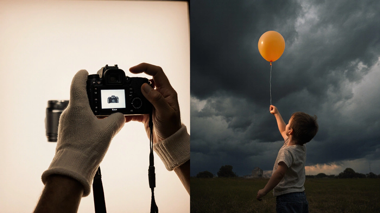 Two hands using the same camera — one for product shots, one for a child releasing a balloon.