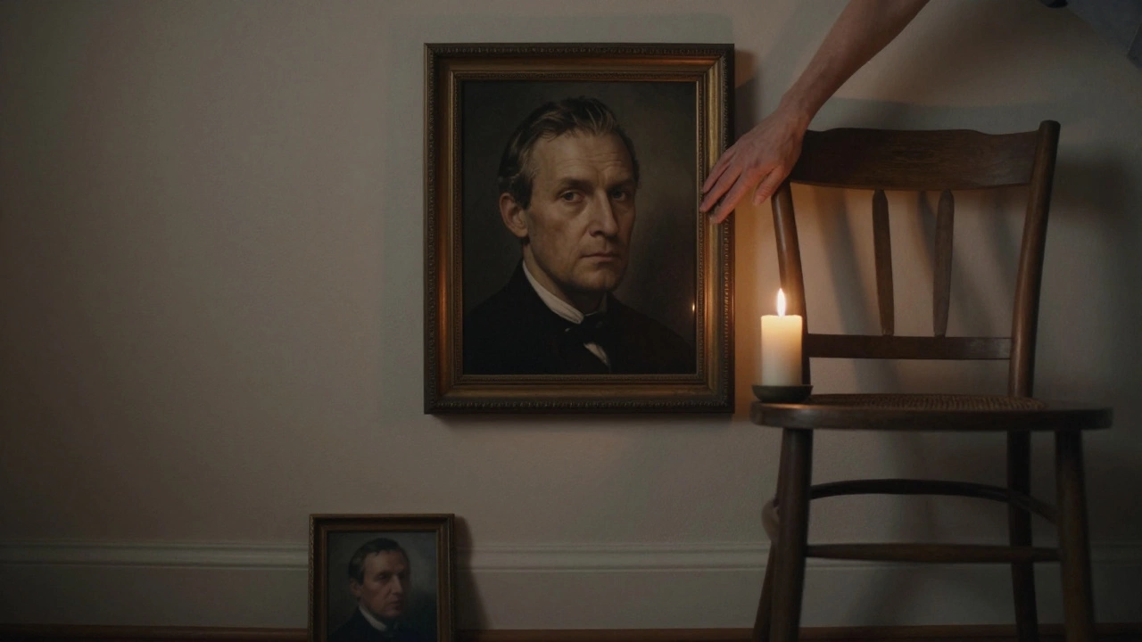 A cherished portrait hangs on a wall, illuminated by candlelight beside an empty chair.