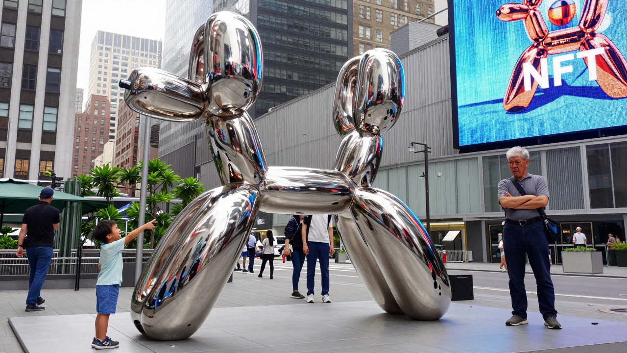 A giant shiny Balloon Dog sculpture reflecting city life in an urban plaza, with diverse onlookers.