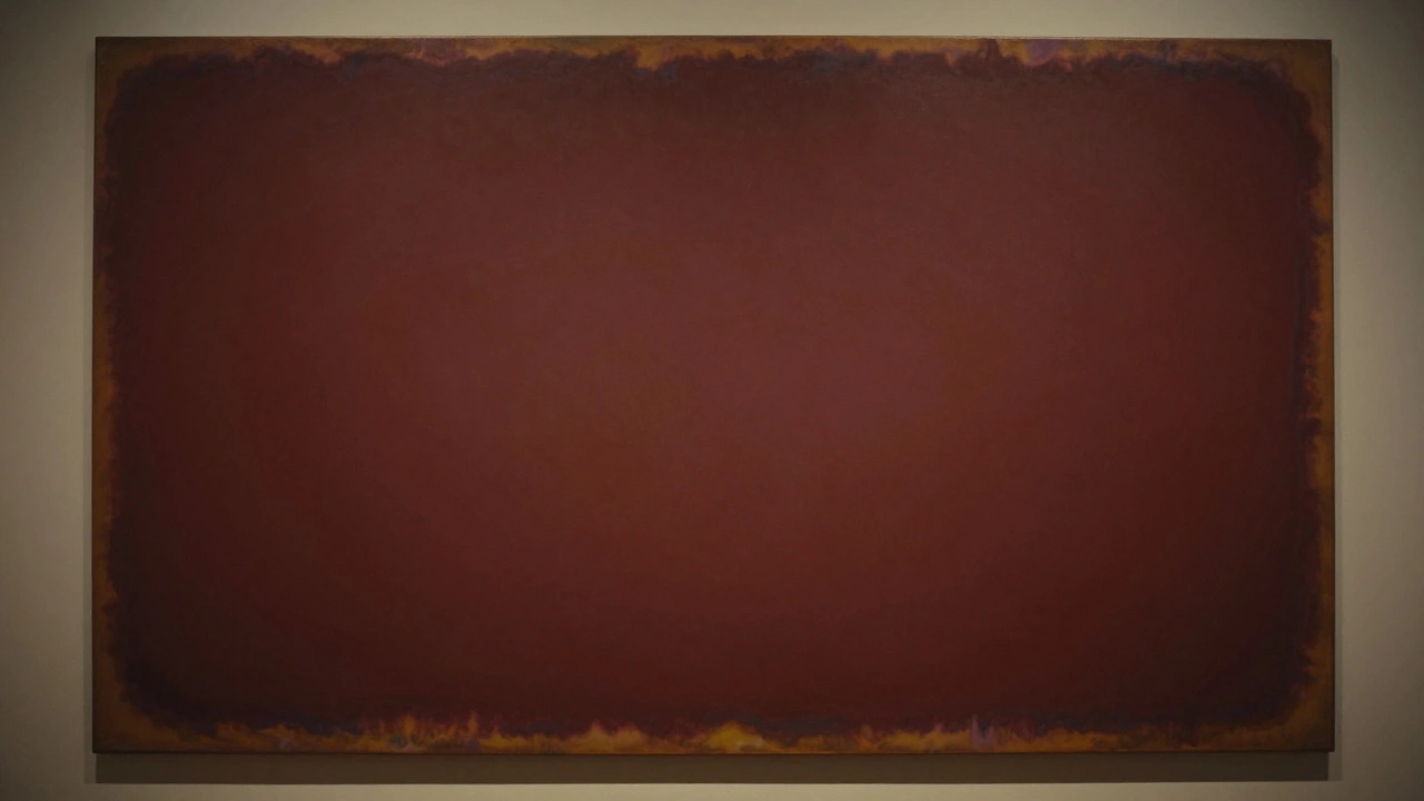 A large, softly blended color field painting in deep reds and golds, evoking calm and depth.