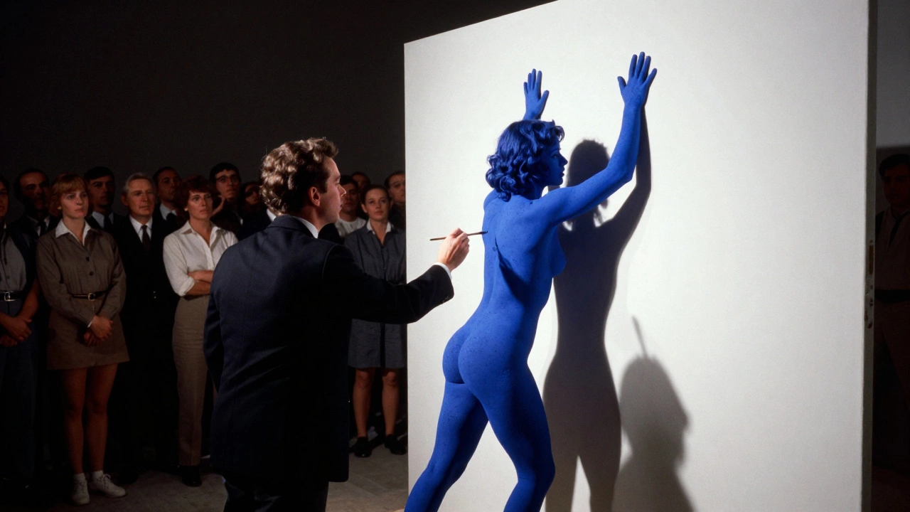 A nude figure pressed against a canvas, covered in bright blue paint, as an artist directs the performance.