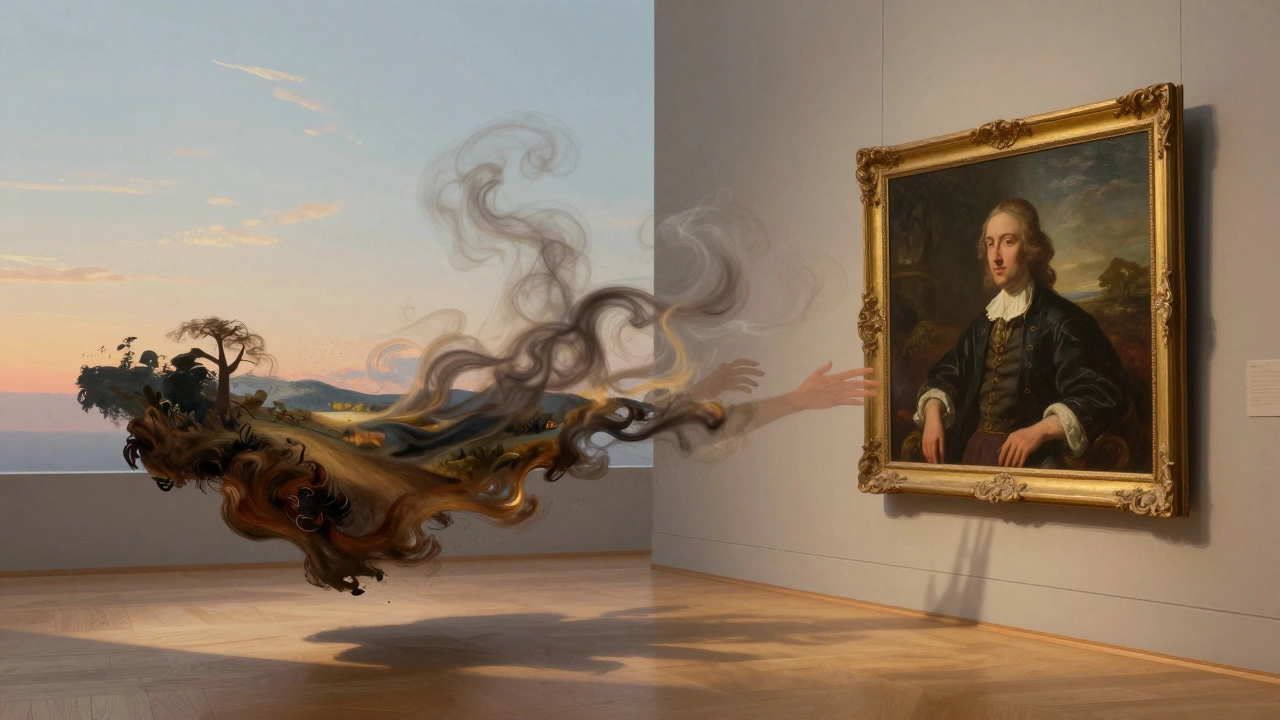 A photo dissolving into brushstrokes that form a classic oil painting on a museum wall.