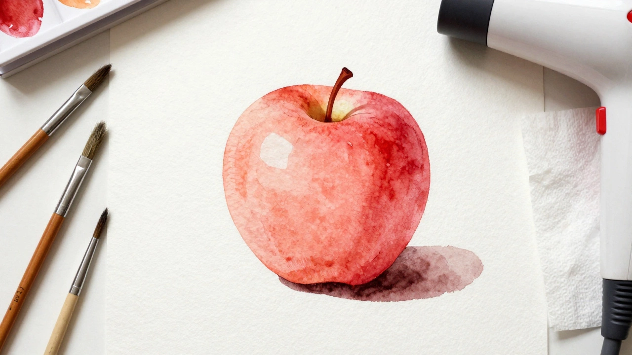 A red apple painted in three subtle watercolor layers with untouched highlights, showing careful buildup.