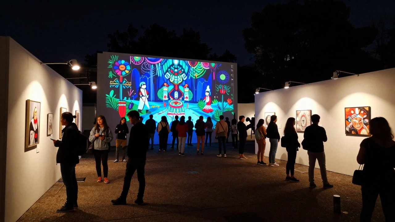 A vibrant temporary art exhibit with digital projections and crowds, glowing with urgency and innovation.