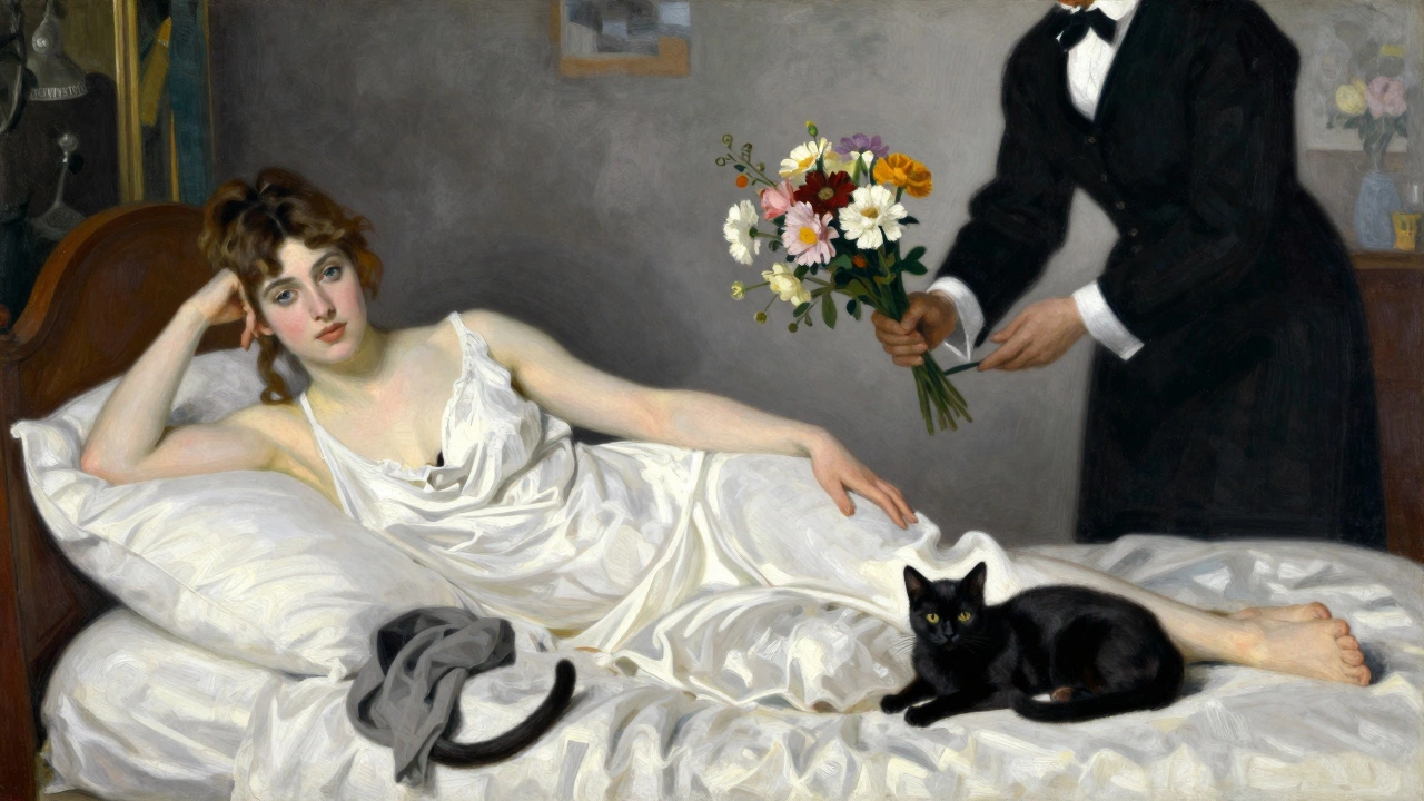 A woman in a white bed stares directly at the viewer, a black cat at her feet, flowers being offered.