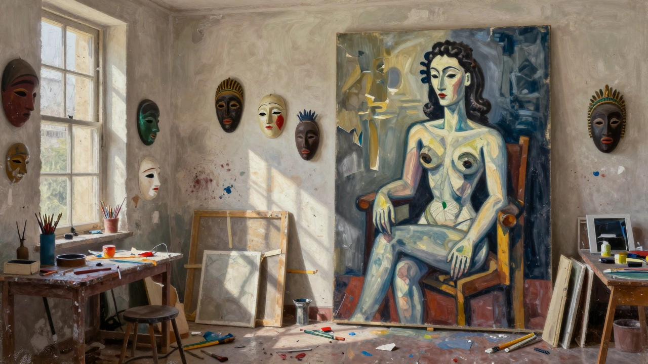 An artist's studio filled with paint-splattered canvases, African masks, and fragmented art supplies under sunlight.