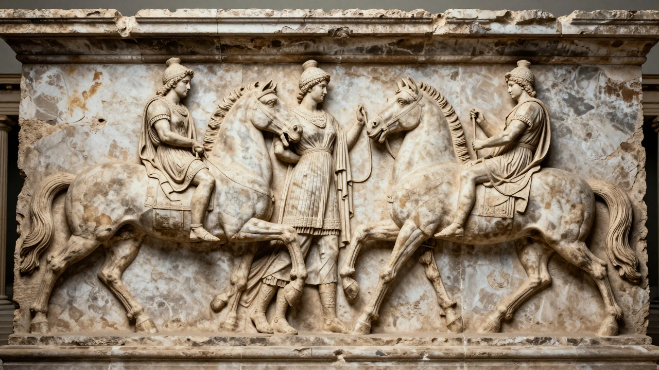 Ancient Greek relief sculpture on a temple wall with detailed figures projecting from stone.
