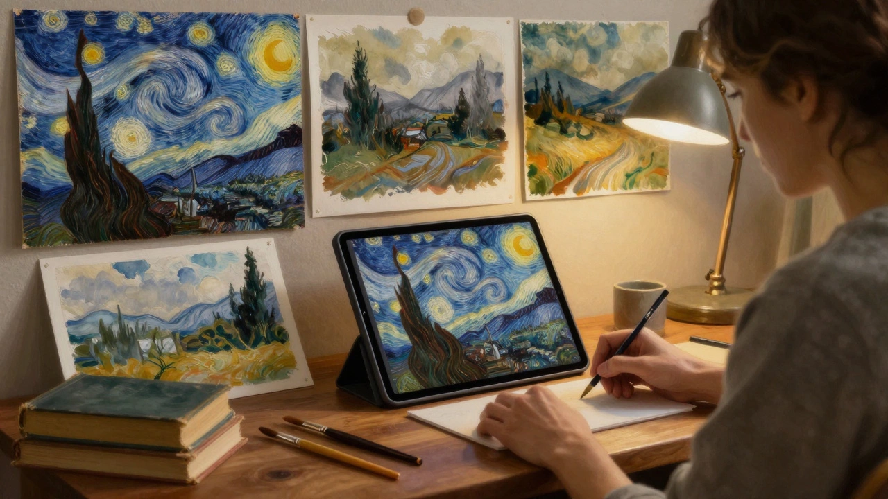 Artist working at a desk with AI-generated landscape artworks and a tablet transforming a photo into oil paint.