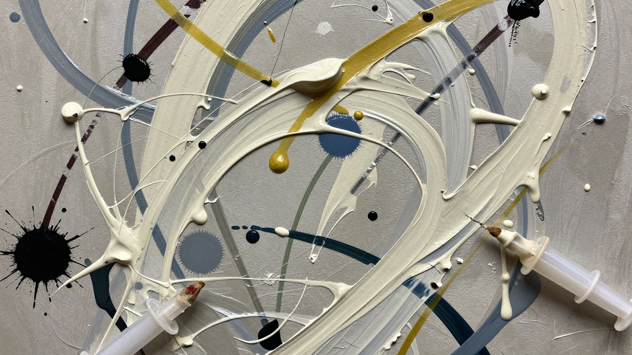 Close-up of thick, layered paint drips and splatters showing the physical texture of an abstract artwork.