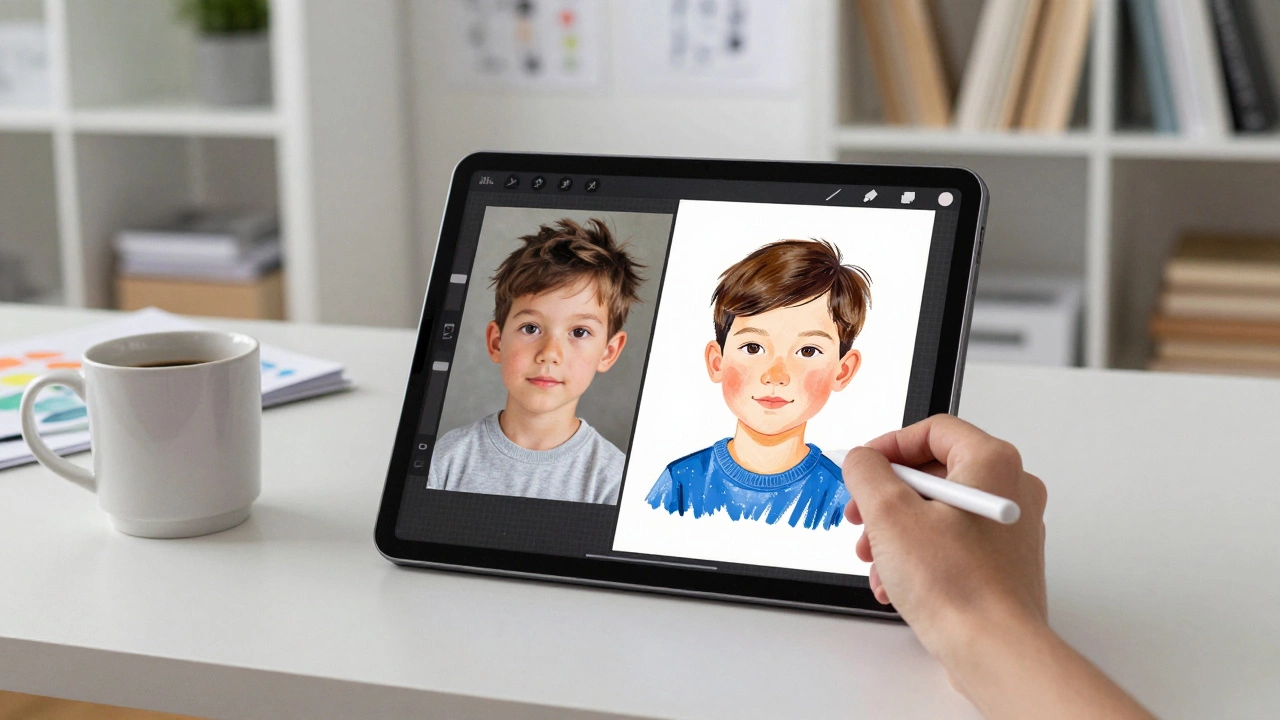 Digital artist working on a portrait of a child using a tablet in a minimalist studio.