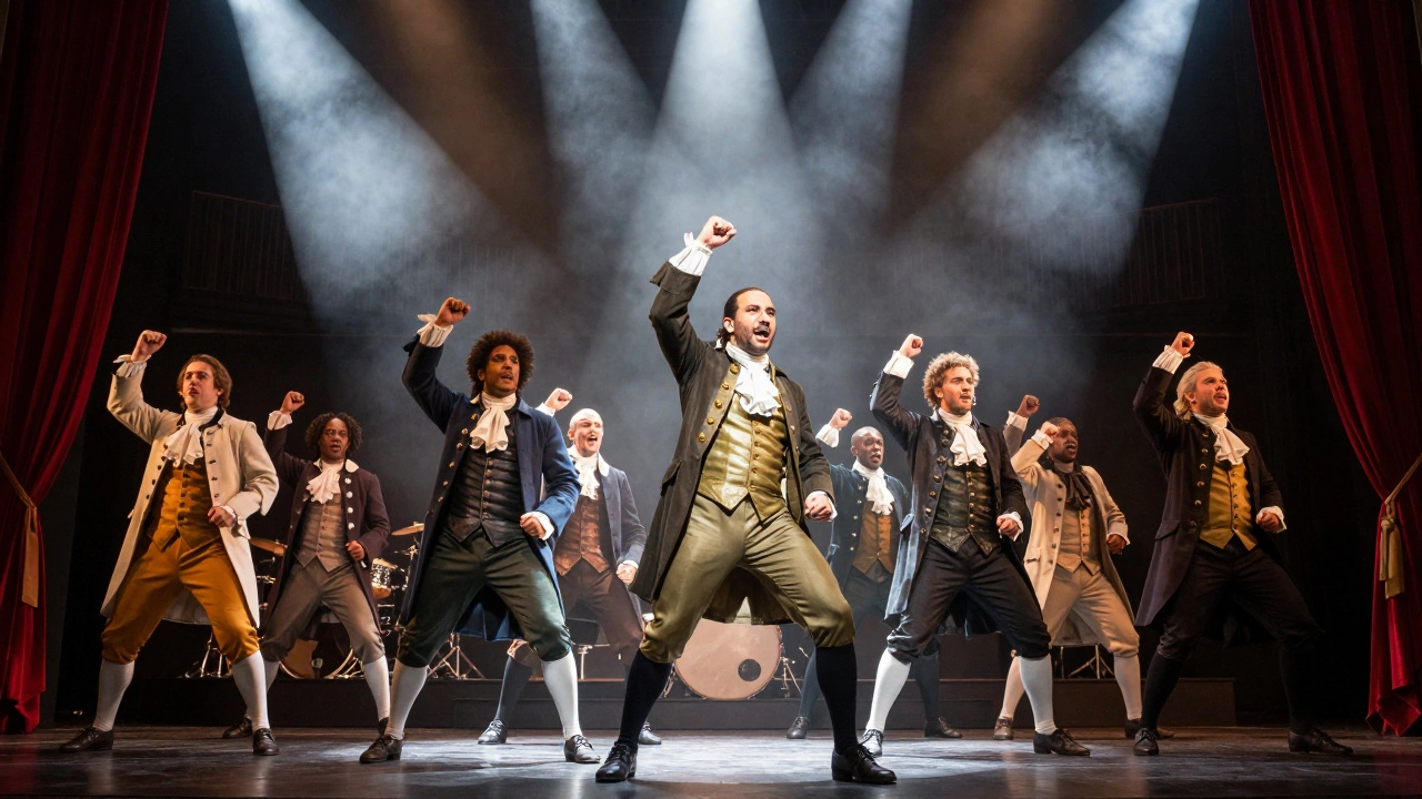 Diverse cast performing Hamilton on stage under dramatic spotlights with live drummer in pit.