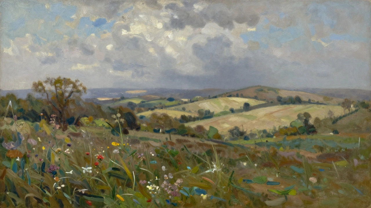 English countryside with textured foreground grass fading into soft blue-gray hills under a cloudy sky.