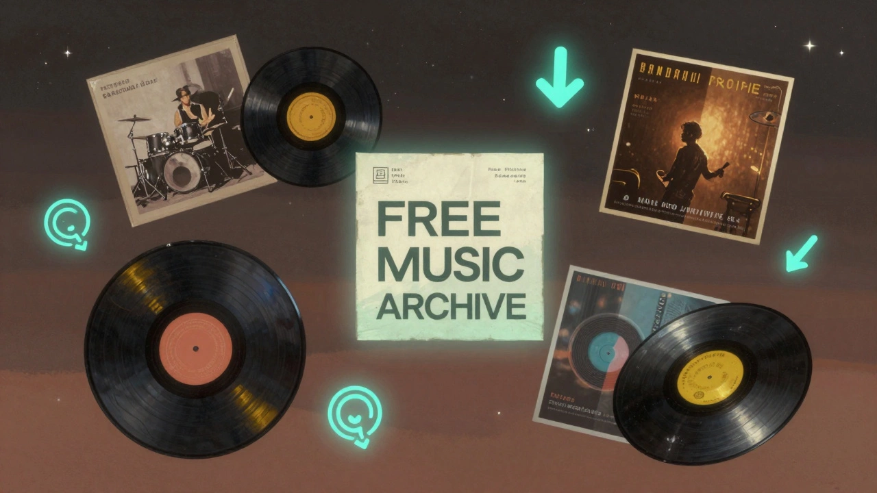 Floating vintage records and indie album covers in a starry night, with Creative Commons symbols glowing around them.