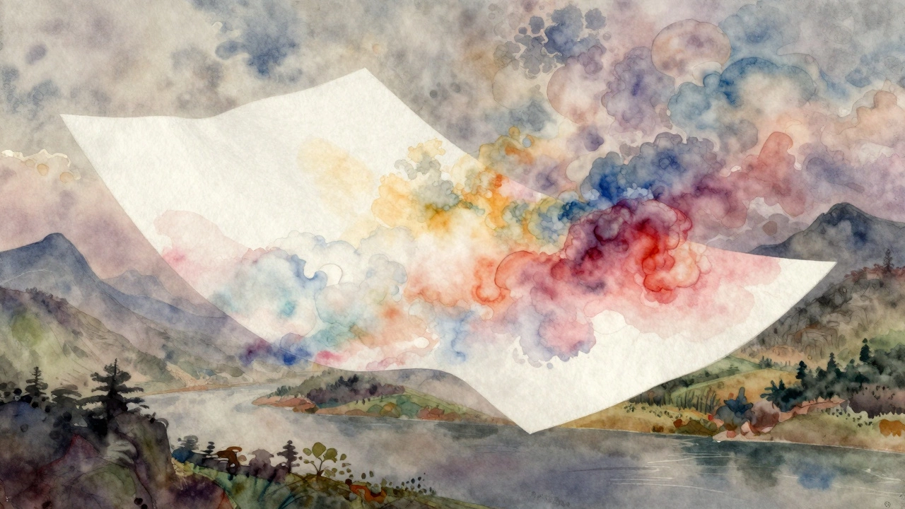 Floating watercolor paper with blooming pigment and ghostly landscape forms emerging.