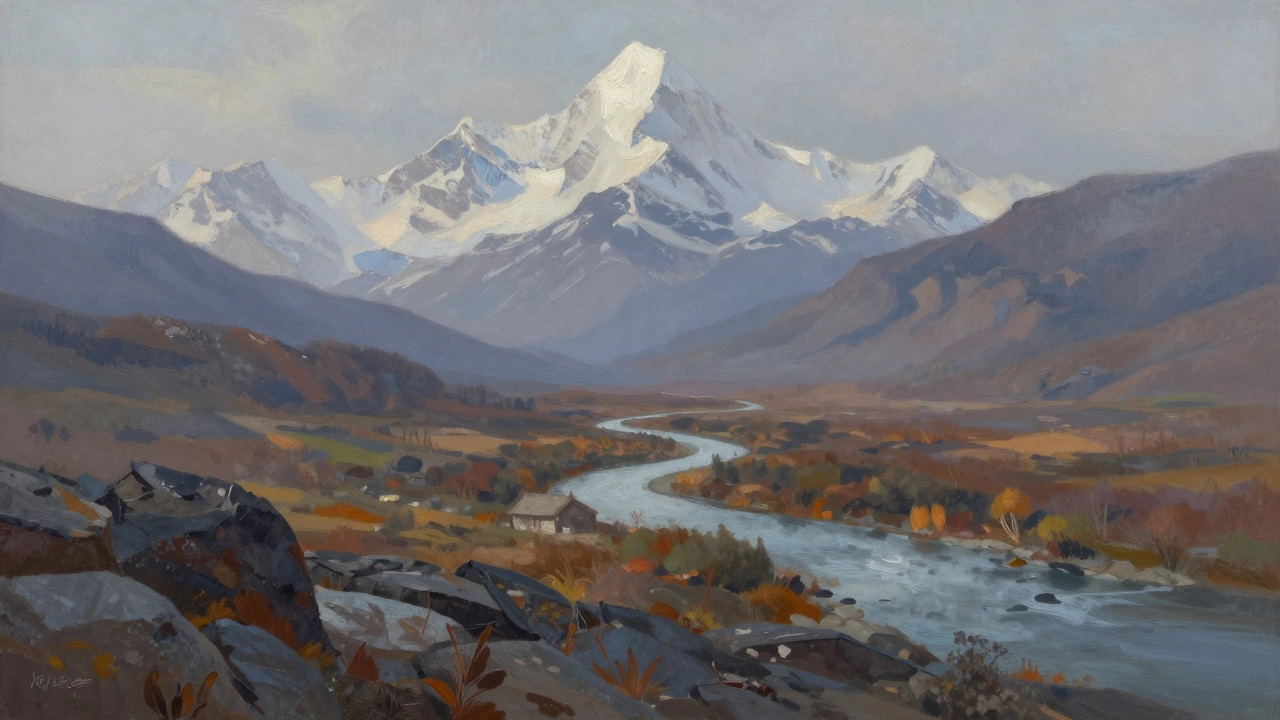 Layered landscape with rocky foreground, winding river, and misty peaks creating a sense of vast depth.