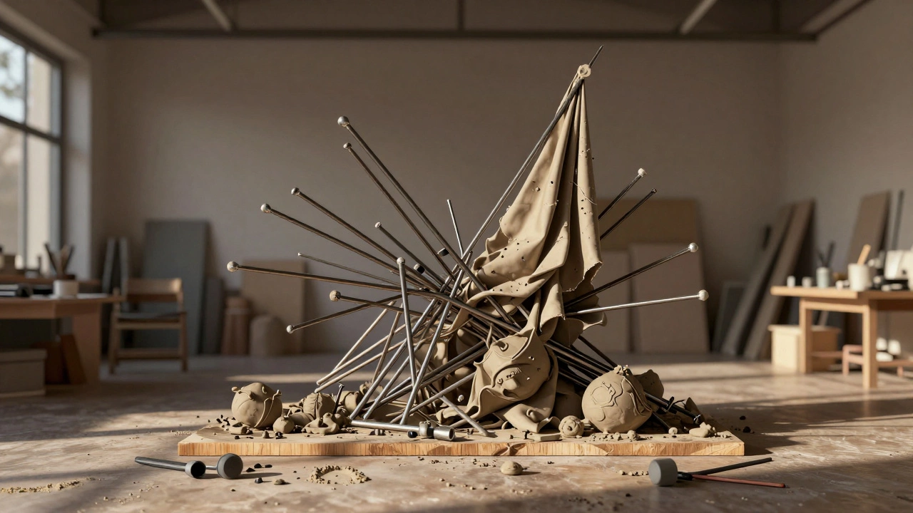 Modern additive sculpture made of welded metal, clay, and fabric in a studio setting.