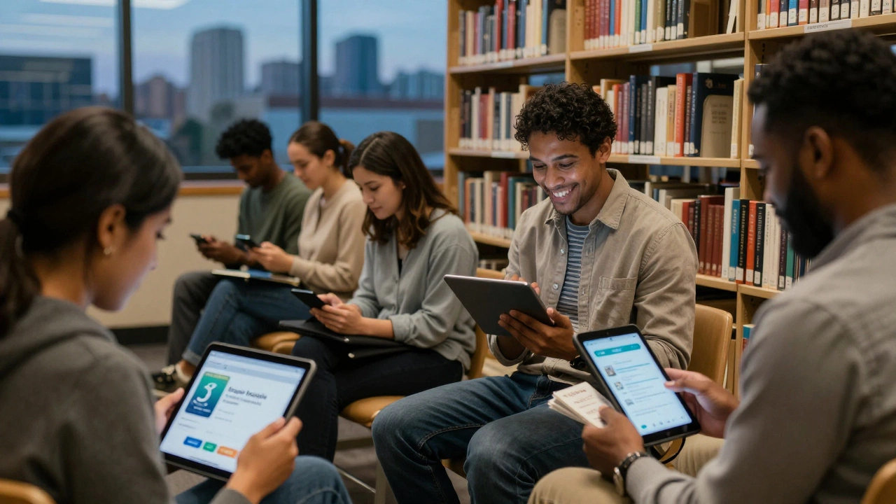 People using tablets in a library to stream free music, with bookshelves and warm lamplight in the background.