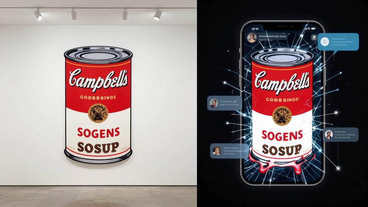 Split image: 1962 Warhol soup can next to a digital NFT version on a cracked smartphone screen.
