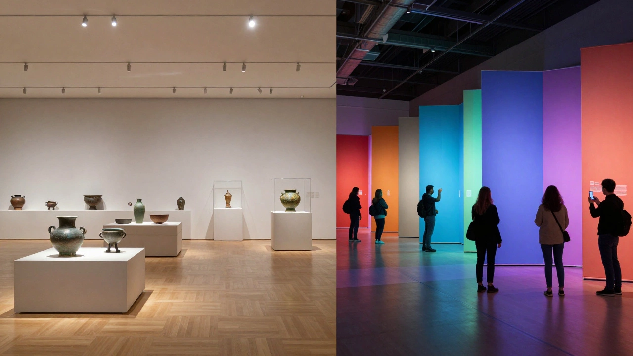 Split image: traditional permanent collection on one side, evolving temporary exhibit on the other.