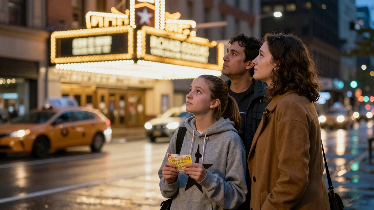 Teenager and parents holding lottery ticket, gazing at Hamilton theater at night.