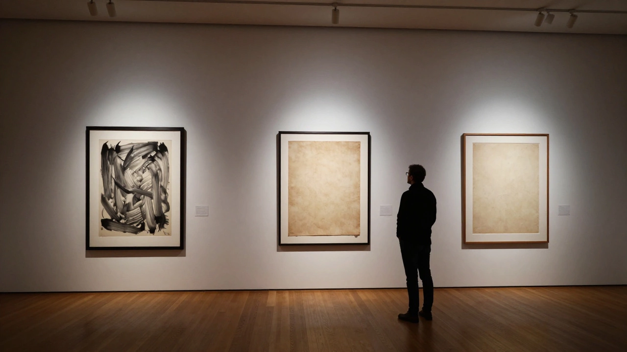 Three fine art prints displayed in a quiet gallery under focused lighting.