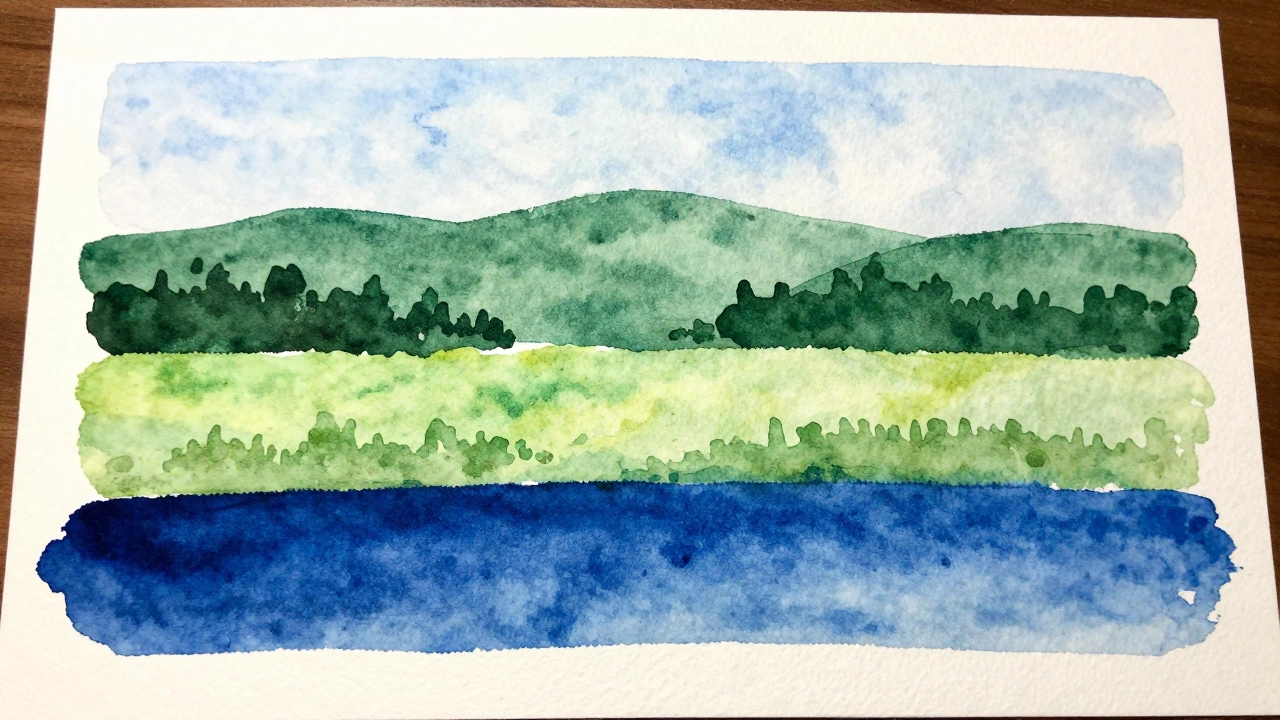 Three transparent watercolor layers building depth on paper, white spaces shining through like stained glass.