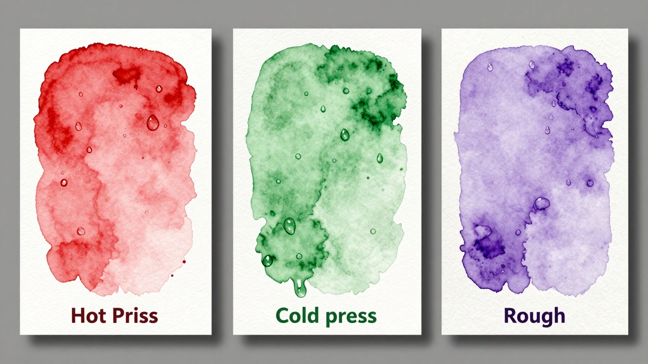 Three types of watercolor paper with different textures showing distinct wash effects.