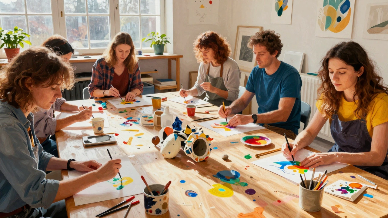 A group of people engaged in hands-on art, fingers smeared with paint, surrounded by colorful materials and light.