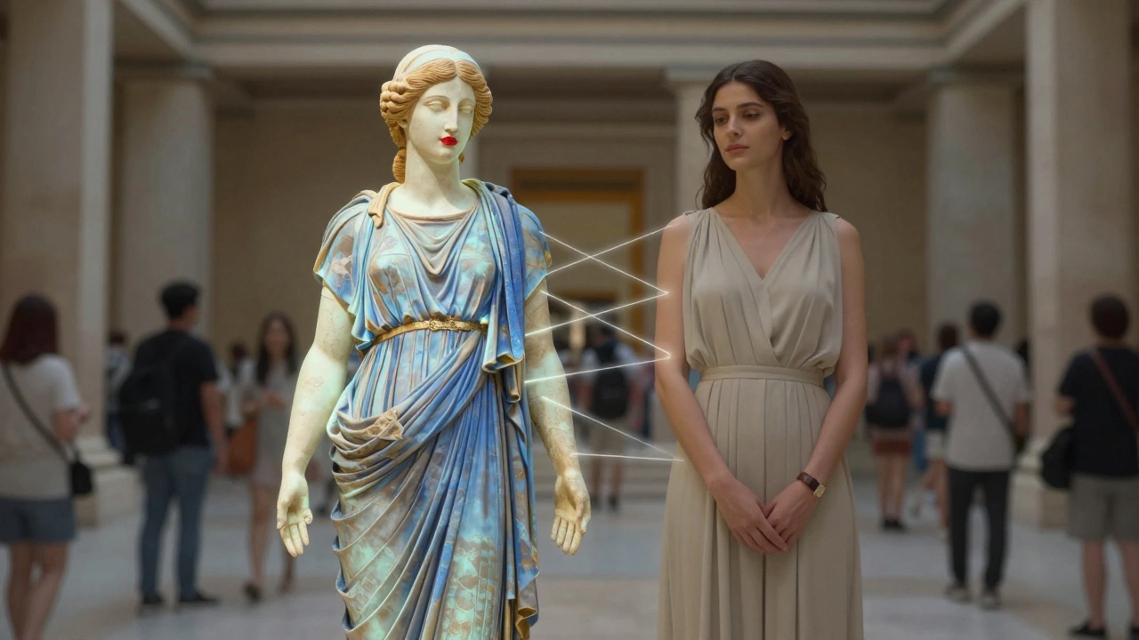 A modern woman standing beside a vibrantly colored ancient kore statue in a museum, their poses mirrored in silent connection.
