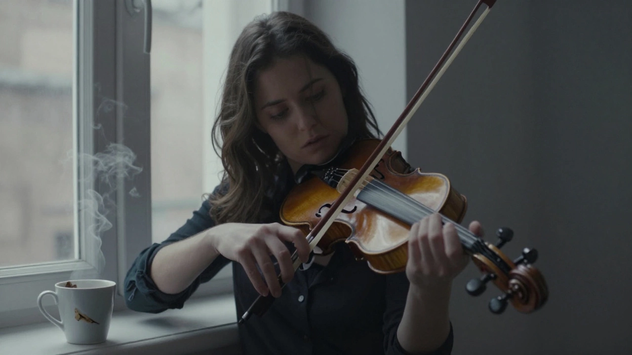 A violinist pausing after a note, a chipped coffee cup visible in the background with rising steam.