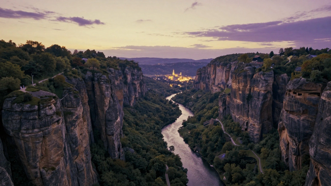 Aerial view of an imaginary world landscape with towering cliffs, silver river, and glowing city beneath a twilight sky.