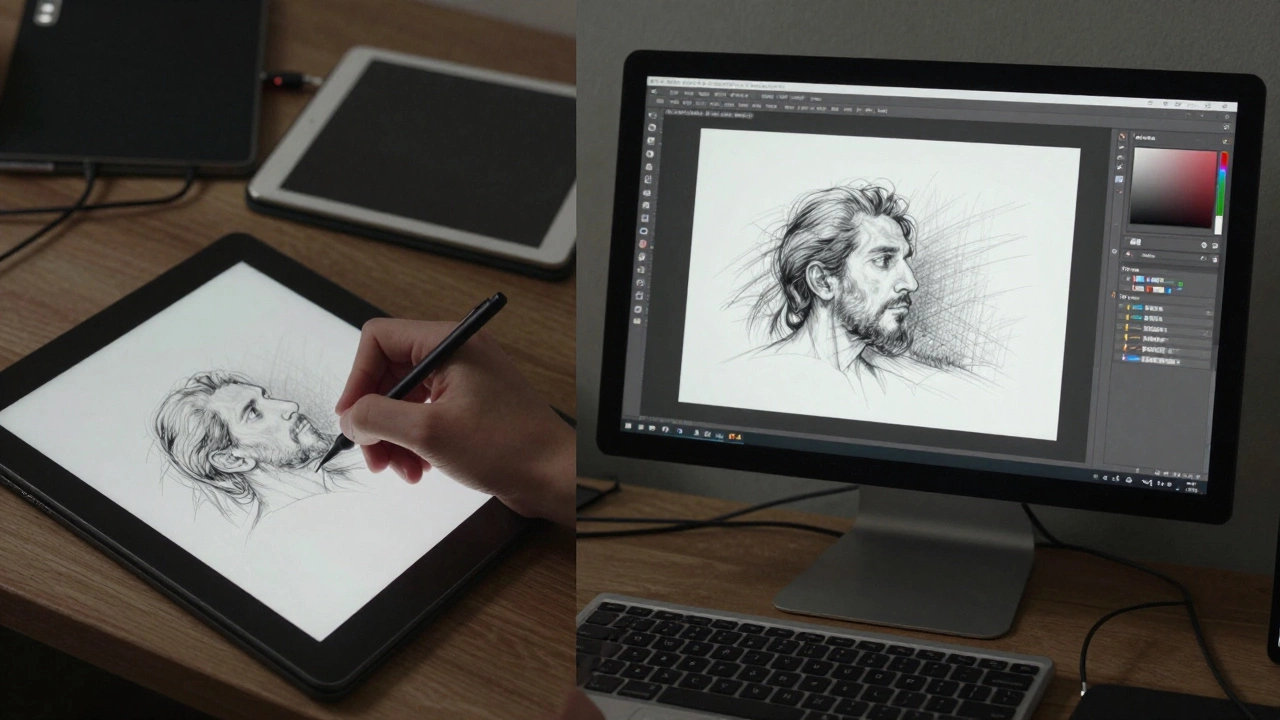 An artist transferring a sketch from iPad to Photoshop on a desktop monitor.