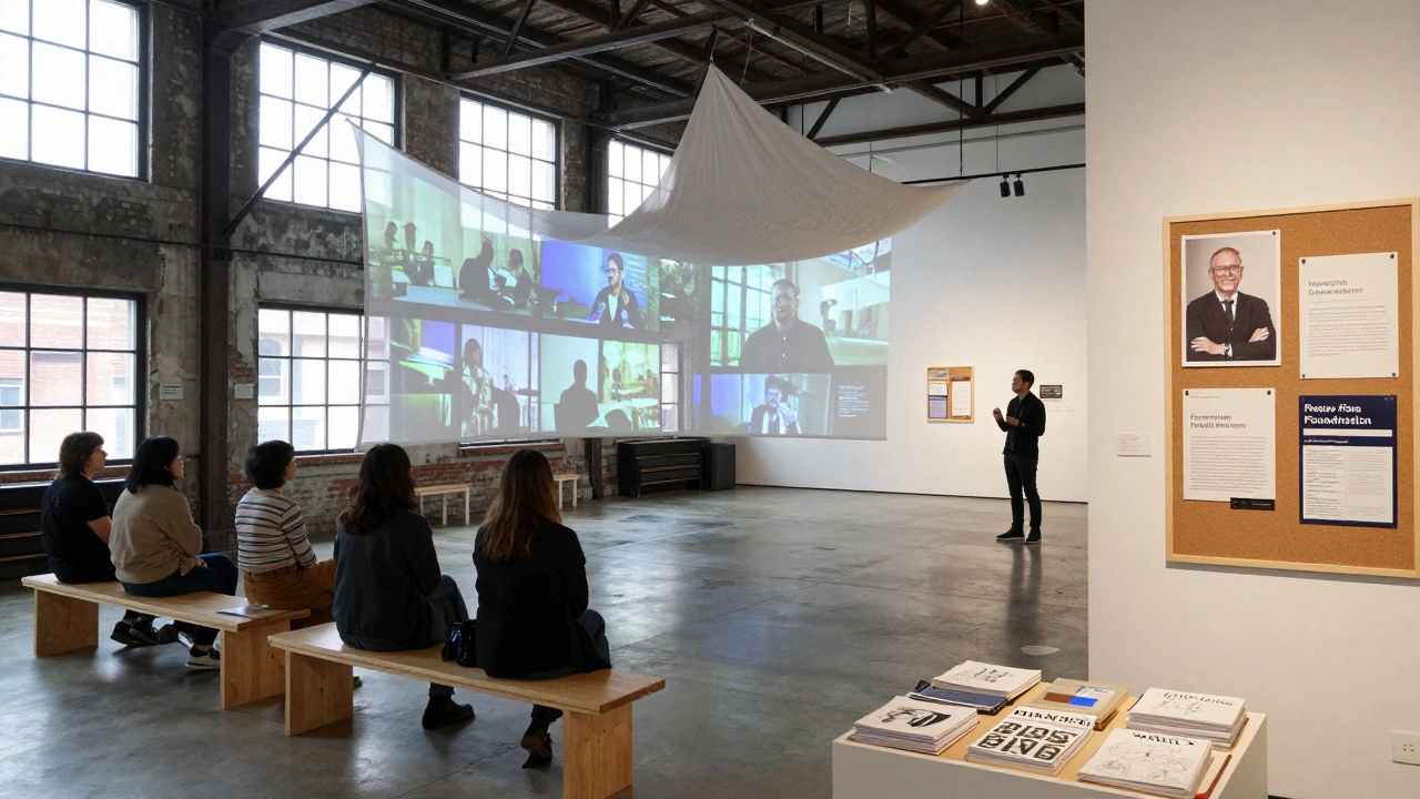 An industrial non-profit gallery with a multimedia installation and visitors listening to an artist talk.