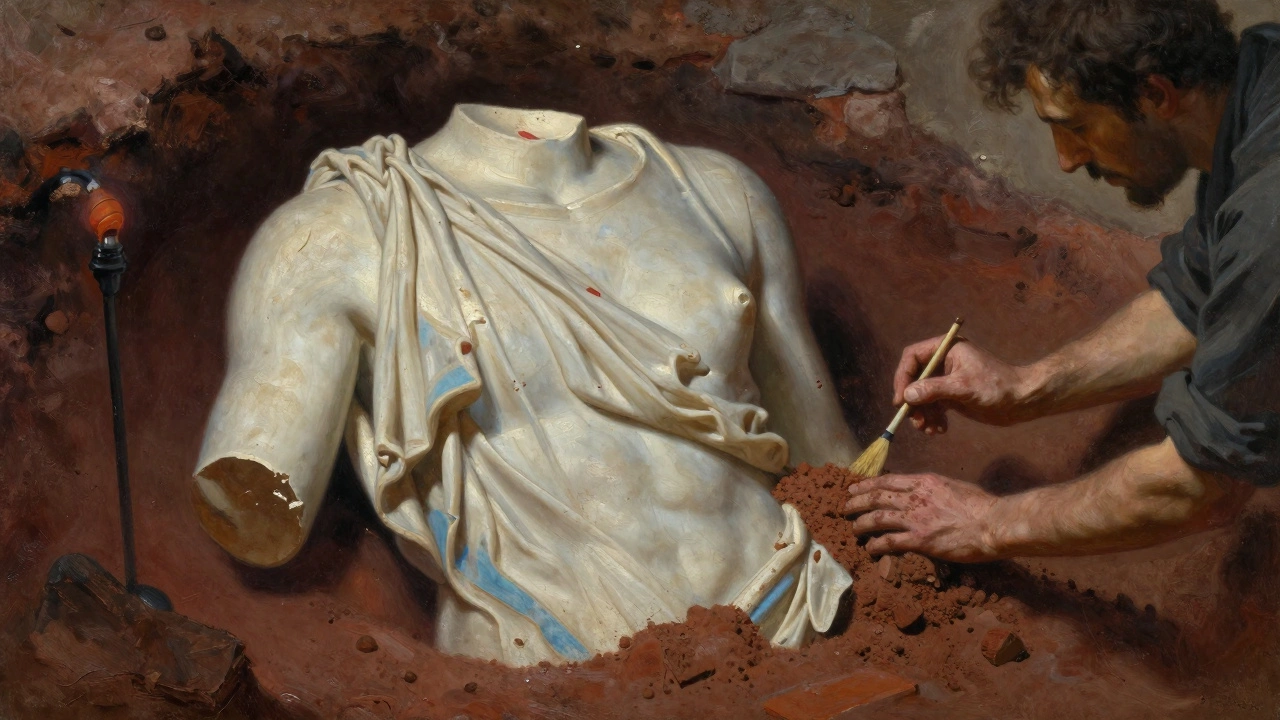 Archaeologist uncovering a fragmented kore statue in Athens, with faint painted details visible on the marble fragments.