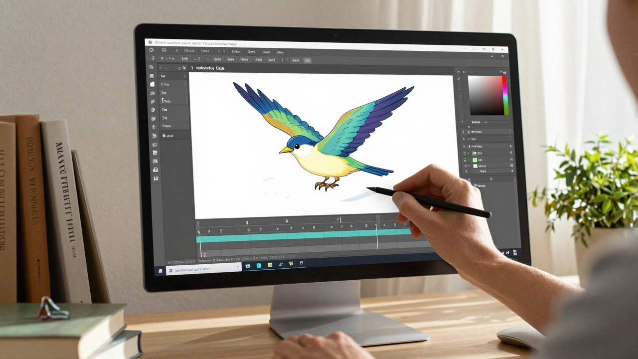 Artist animating a bird in Krita on a PC, with brushes and timeline tools visible in soft morning light.