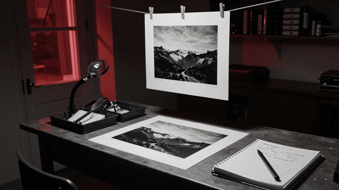 Darkroom scene with Ansel Adams' hand-printed photograph drying under red light.