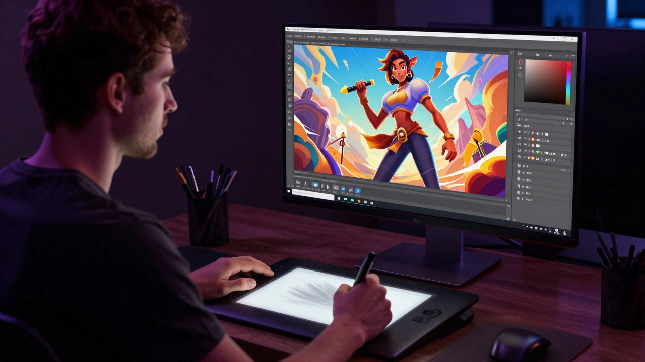 Digital artist creating a detailed illustration in Photoshop with a Wacom tablet and dual monitors.