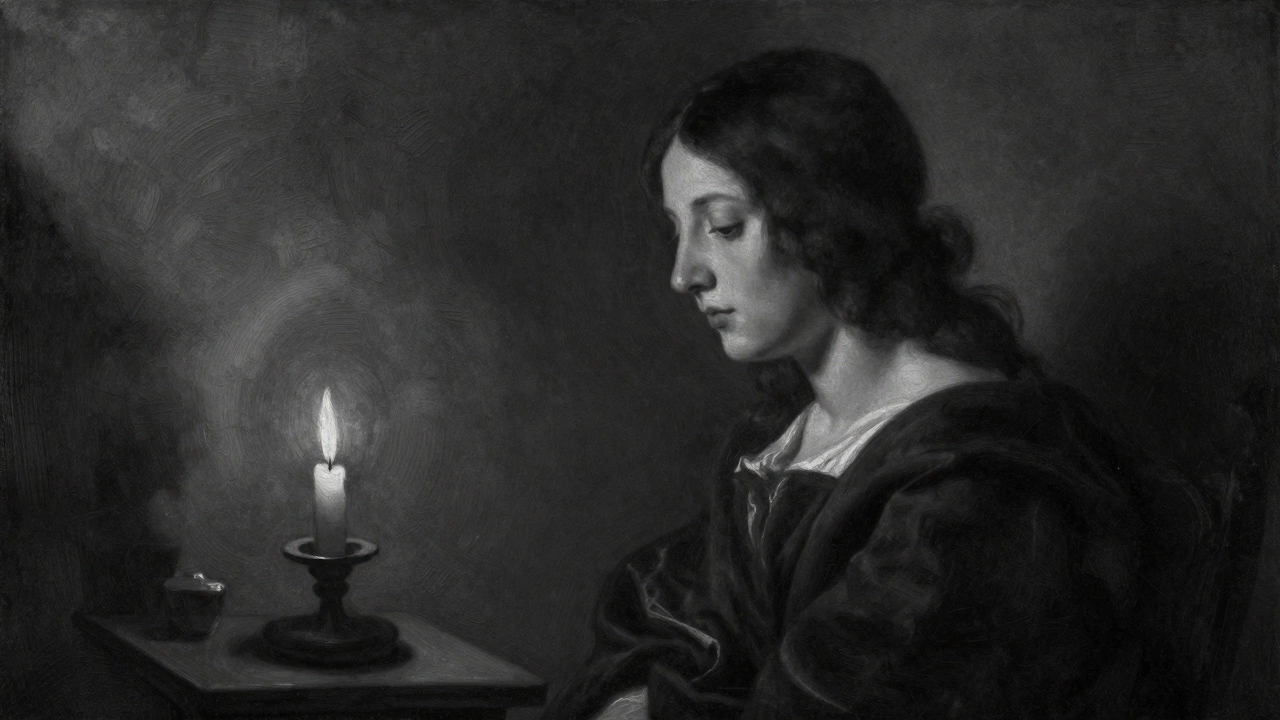 Dramatic candlelit figure emerging from deep shadows, rendered entirely in monochrome oil paint.