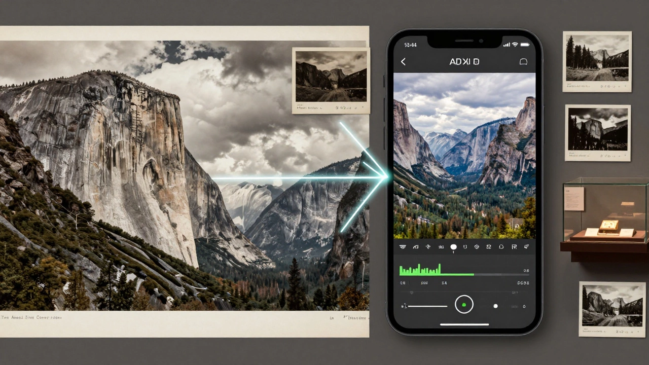Split image: Ansel Adams' landscape next to a modern HDR phone photo, connected by technical lines.