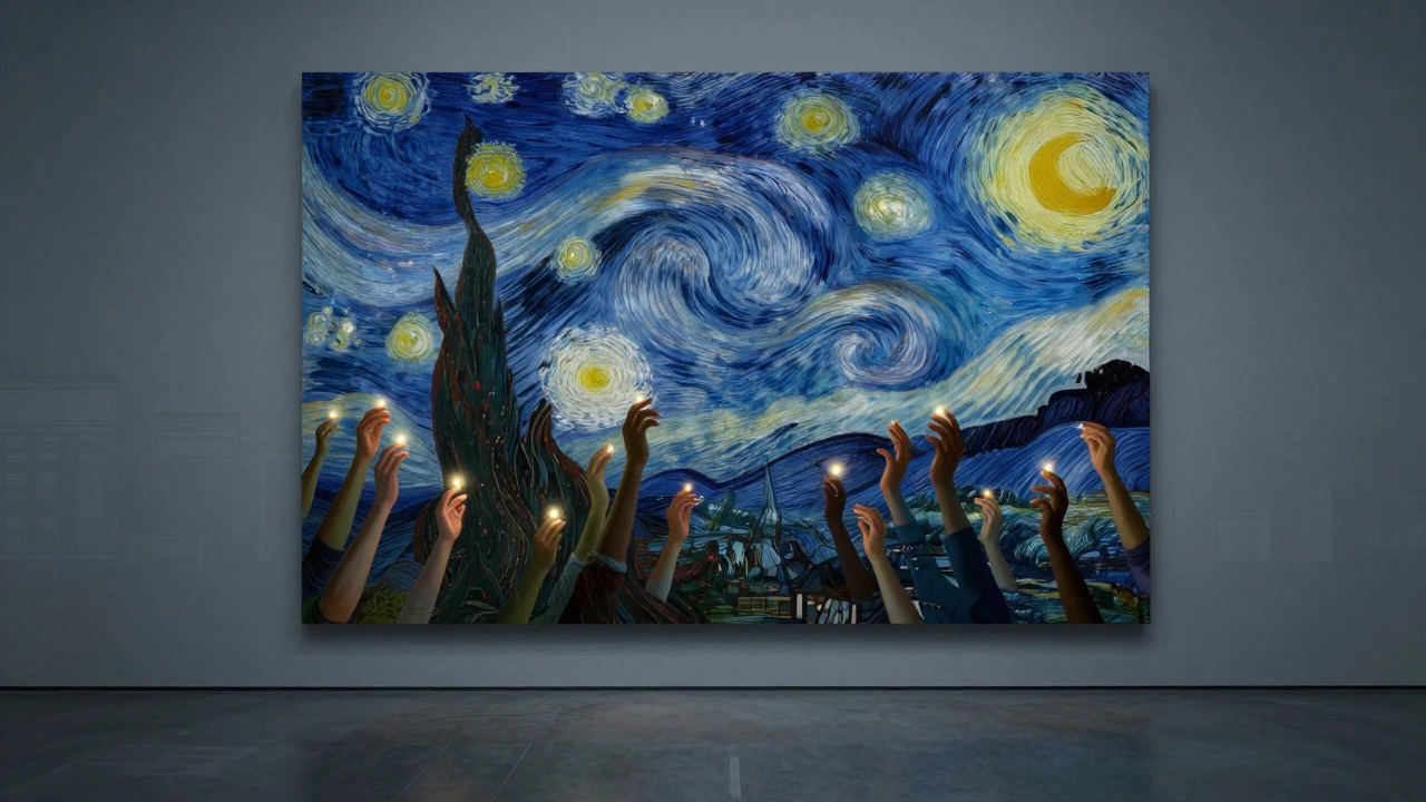 Starry Night's swirling sky transforms into glowing hands reaching toward viewers.