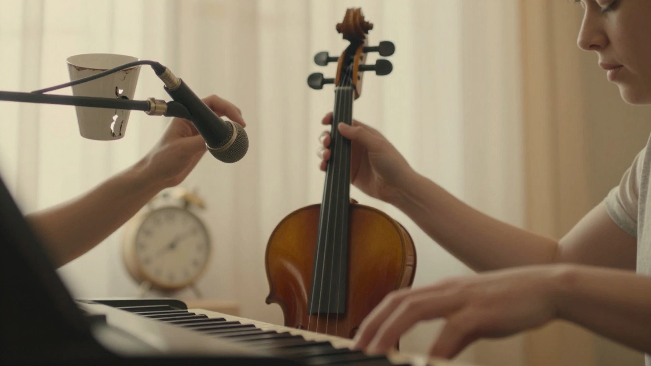 Three musician hands near instruments, surrounded by faint images of quiet, meaningful objects.