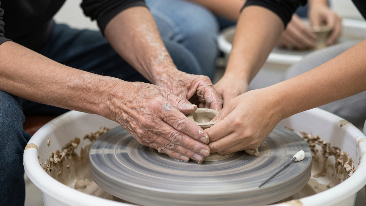 Two hands guiding clay on a pottery wheel, one older, one younger, in a quiet ceramics workshop.