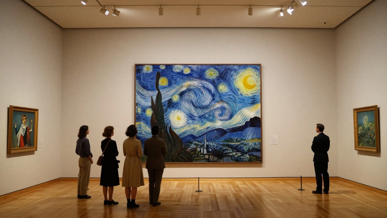 Visitors in 1940s attire quietly viewing Starry Night in MoMA's gallery.