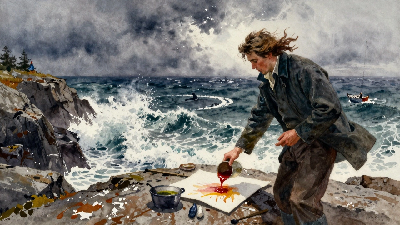 Winslow Homer at Prouts Neck, creating a turbulent watercolor of waves and a drifting boat amid sharks.