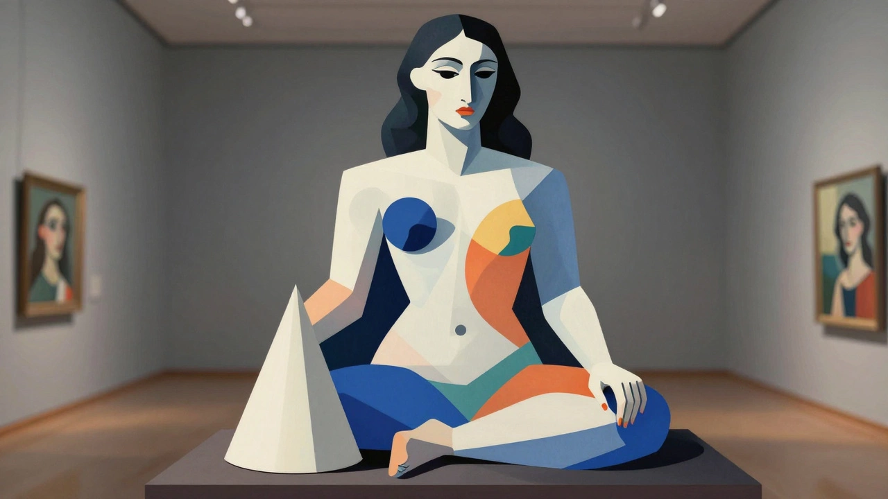 A fragmented human form built from cylinders, spheres, and cones, reflecting Cézanne’s influence on Cubism.