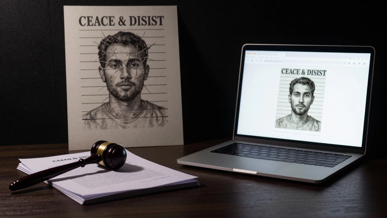 A gavel atop legal notices beside a cracked print, with a reverse image search result glowing on a laptop screen.